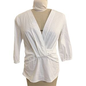 Madison V-Neck White Blouse Gathered Waist Small 3/4 Sleeve Crisp